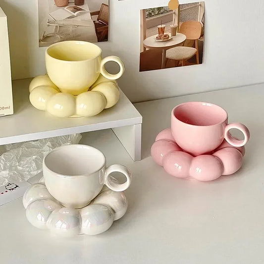 Aesthetic Sunflower Ceramic Coffee Mug with Saucer – Cute Cloud Cup for Tea & Office