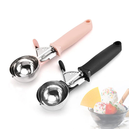 Stainless Steel Ice Cream Scooper – Pressable Fruit Spoon and Dual-Purpose Ball Scoop