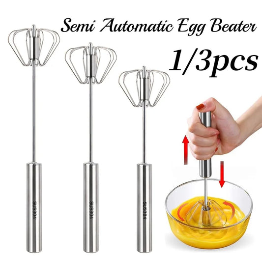 Semi-Automatic Stainless Steel Egg Beater – Self-Turning Hand Whisk Kitchen Tool