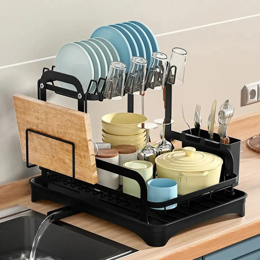 2 Tier Dish Drying Rack with Drainboard – Countertop Dinnerware & Bowl Organiser