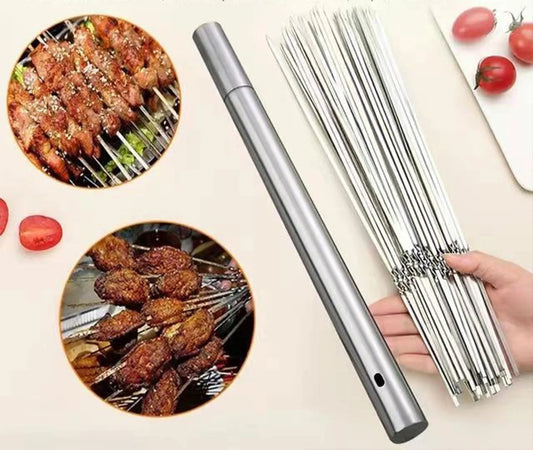 20pcs Stainless Steel BBQ Skewers – Reusable Flat Rotating Sticks for Grill & Garden BBQ