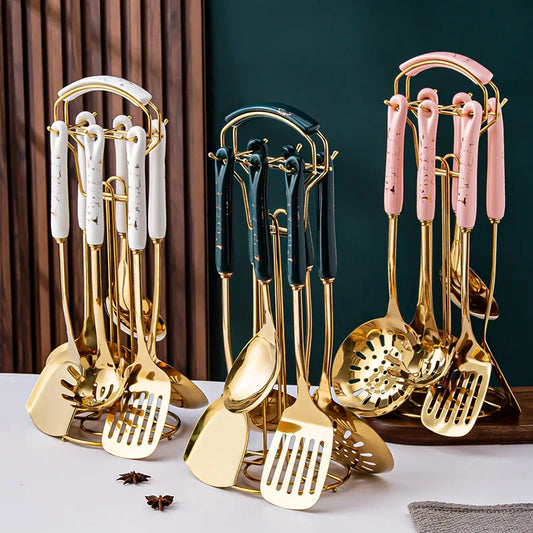 7-Piece Stainless Steel Kitchen Utensil Set with Ceramic Handles – Nordic Style