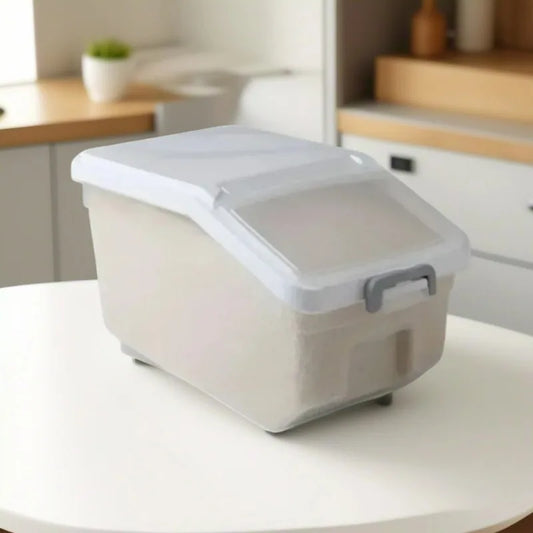 Storage Container with Lid, Wheels & Scoop – Airtight Grain & Cereal Dispenser
