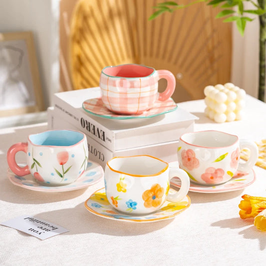 300ml Cute Ceramic Mug – Hand-Pinched Heart & Flower Pattern Coffee & Tea Cup