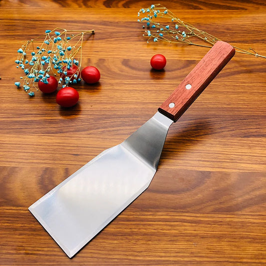 Stainless Steel Cooking Spatula – Square Head BBQ Turner with Wooden Handle for Grill & Kitchen